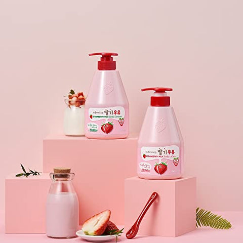 Conjunto de Limpeza Corporal e Loção Corporal WELCOS KWAILNARA Leite (560 g / 19,75 oz. cada) (Morango)