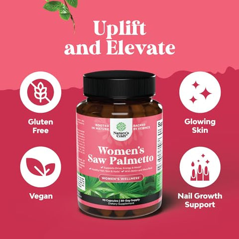 Natures Craft - Saw Palmetto Extra Forte para Mulheres – Bloqueador de DHT Restaurador de Vitaminas para a Saúde Capilar – Cápsulas de Saw Palmetto Puro de 500mg com Raiz de Maca