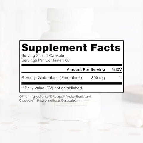 Pure Therapro Rx - S-Acetyl Glutathione GOLD 300mg por Cápsula – 60 DRcaps “Resistente ao Ácido” | Extra Forte | Forma Acetilada Patenteada de Glutationa (Emothion®) | Grau Farmacêutico | Livre de