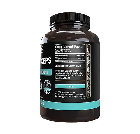PURE ORIGINAL INGREDIENTS - Cordyceps Puros e Originais, Sem Preenchedores de Magnésio ou Arroz, 365 Cápsulas – Ingredientes Autênticos e de Qualidade