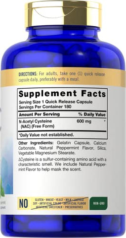 NAC N-Acetil Cisteína 600mg | 180 Cápsulas | com Hortelã-Pimenta | Suplemento em Forma Livre | Não-OGM, Sem Glúten | Carlyle - Carlyle