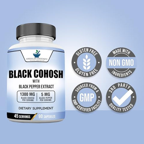 Black Cohosh 1300mg com Extrato de Pimenta Preta – Vegano, Sem Glúten, Não-OGM, 90 Cápsulas, 45 Porções - American Standard Supplements