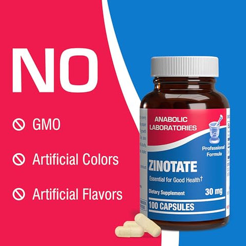 Anabolic Laboratories - Zinotate Zinc 30mg – 100 Cápsulas para Crescimento, Sentidos, Osso e Saúde Imunológica – Suplemento de Zinco para Homens e Mulheres