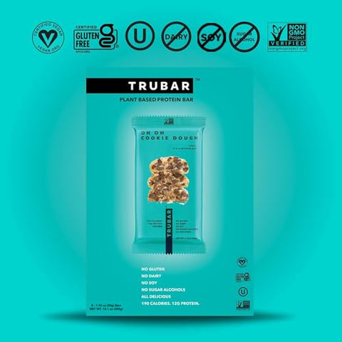 Barra de Proteína Vegana, Sabor Cookie Dough, Sem Glúten, Proteína à Base de Plantas, Sem Laticínios, Não-OGM, Sem Soja, Sem Álcoois Açucarados, 12g de Proteína, 13g de Fibra, 23g de Carboidratos, Saudável e Deliciosa - TRUBAR