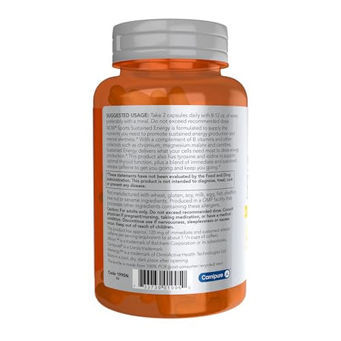 Sports – Energia Sustentada para Produção de Energia* Alerta Mental* Liberação Sustentada de Cafeína com Vitaminas B – 90 Cápsulas Vegetais - NOW Foods