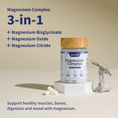 Complexo de Magnésio 3 em 1, Bisglicinato, Óxido, Citrato, Complexo Triplo de Magnésio, 60 Cápsulas - Snap Supplements