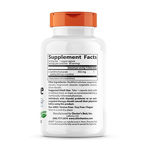 Doctor's BEST - Doctor’s Best L-Carnitine Fumarate – Vegano, Sem OGM, Livre de Glúten – Saúde Cardíaca – 855 mg, 60 Cápsulas Vegetais
