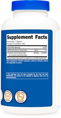 Ácido Pantotênico (Vitamina B5) 500mg, 240 Cápsulas – Comprar Online | Nutricost - Nutricost