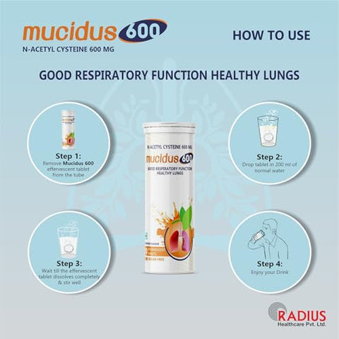 Radiplex - Mucidus – Comprimidos Efervescentes de N-Acetilcisteína 600 mg – Antioxidante para Saúde Pulmonar, Desintoxicação do Fígado, Cuidados com a Pele | Sem Açúcar | para Homens