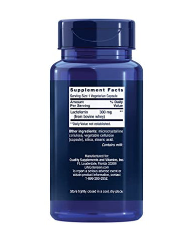 Lactoferrin Caps – Resposta Imune Saudável, Suporte GI, Saúde Visual – Sem Glúten, Não-OGM – 1-Diário, Vegetariano – 60 Cápsulas - Life Extension