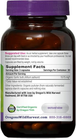 Oregon's Wild Harvest - Oregon’s Wild Harvest – Cápsulas de Alho Orgânico Certificado, Não-OGM, 1575 mg, 90 Unidades