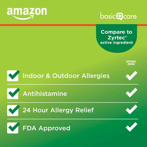 24 Horas Alívio de Alergia, Comprimidos de Cloridrato de Cetirizina, 10 mg, 300 Unidades - Amazon Basic Care