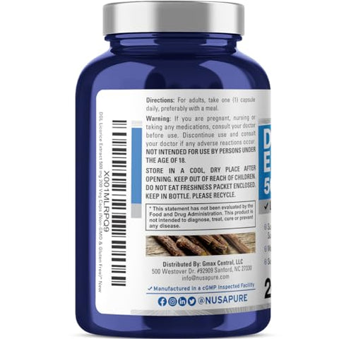 Extrato de Alcaçuz DGL 500 mg 200 Cápsulas Vegetais (Vegano, Não-OGM) - NusaPure