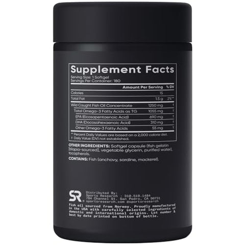 Ômega-3 Fish Oil – Triplo Forte, 180 Softgels | Óleo de Peixe Ômega-3, Alta Potência | 180 cápsulas | Marca Sports Research - Sports Research
