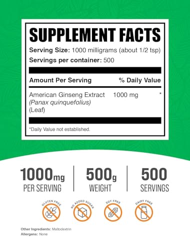 American Ginseng Extract Powder – Ginseng Herbal Supplements – Gluten Free, 1000mg per Serving, 500g (1.1 lbs) | BulkSupplements.com