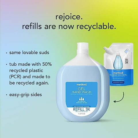 Recarga de Sabonete Líquido Method Gel, Queda d’Água, Frasco Reciclável, Fórmula Biodegradável, 1000 ml (Pacote com 4)