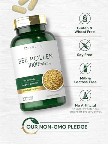 Suplemento de Pólen de Abelha 1000mg | 200 Comprimidos | com Geleia Real e Própolis de Abelha | Vegetariano, Não-OGM, Sem Glúten | Carlyle - Carlyle