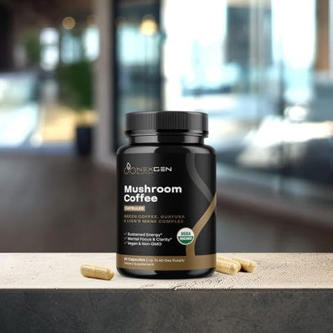 NEXGEN BLENDS - Café Alternativo 100% Orgânico de Cogumelo – Suplemento de Cogumelo do Leão Orgânico com Guayusa Patenteada