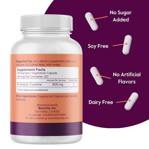 N-Acetyl Cysteine 600mg (NAC) – 120 Cápsulas Vegetarianas – Sem Estearatos – Vegano – Sem Preenchedores – Sem Sílica – Sem Gelatina – Livre de Glúten – Não Transgênico - BESTVITE