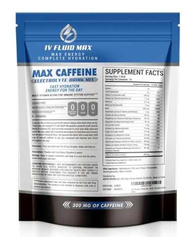 IV FLUID MAX - Hidratação Acelerada – 300 mg de Cafeína – Mistura Energética de Bebida Eletrolítica – Bebida Pré-Treino/Recuperação