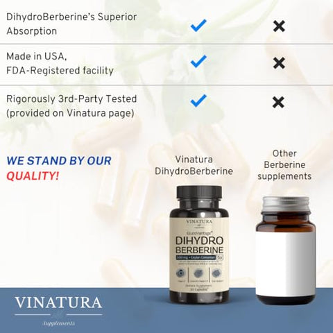 VINATURA - Dihydroberberine 500mg com Canela do Ceilão – GlucoVantage Super Berberine Patenteado, Talvez 5X Mais Absorvível – 30 Cápsulas