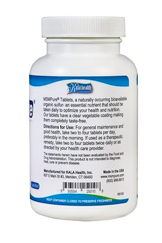 MSMPure Tablets – 120 Unidades, 1000 mg por Comprimido, Suplemento de Enxofre Orgânico MSM Puro, Fabricado nos EUA - KALA HEALTH