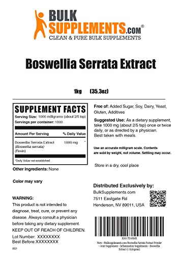 BulkSupplements - Boswellia Serrata Extract Powder – Resina de Olíbano, Pó de Boswellia Serrata – Suplemento Herbal, Sem Glúten, 500mg por Porção, 1kg (2.2 lbs) (Embalagem…)