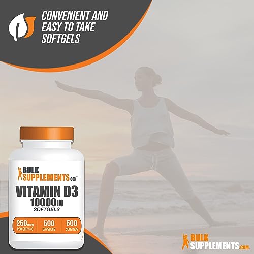 BulkSupplements - Vitamina D3 10000UI Softgels – Cholecalciferol, Suplemento de Vitamina D, 10000 UI de Vitamina D – 1 Softgel de Vitamina D3 (250mcg de Vitamina D) por Porção – Suprimento de 500 Dias