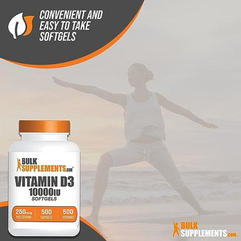 BulkSupplements - Vitamina D3 10000UI Softgels – Cholecalciferol, Suplemento de Vitamina D, 10000 UI de Vitamina D – 1 Softgel de Vitamina D3 (250mcg de Vitamina D) por Porção – Suprimento de 500 Dias