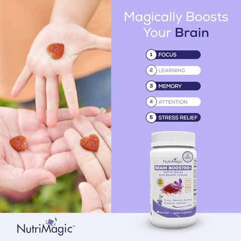 NutriMagic - Kids Brain Booster 2 em 1 Multivitamínico Nootrópico para Foco, Memória, Atenção, Humor – Gomas de Extrato de Açafrão Suplemento para Saúde Cerebral com Vitamina D3, B6, B12, Zinco, 60 Veganas