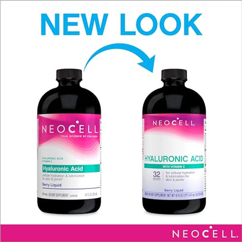 Ácido Hialurônico Líquido de Frutas Vermelhas com Vitamina C; Hidratação Celular para a Pele e Lubrificação para a Pele e Articulações; Sem Glúten; Suplemento Alimentar; 473 ml, 32 g - NeoCell
