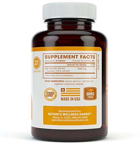 Natures Wellness - Suplemento Prostático Saw Palmetto 1000mg, Extrato de Bagas – Máxima Potência para Promover a Saúde da Próstata, Reduzir a Micção Frequente e Bloquear a Queda de Cabelo Relacionada ao DHT Naturalmente
