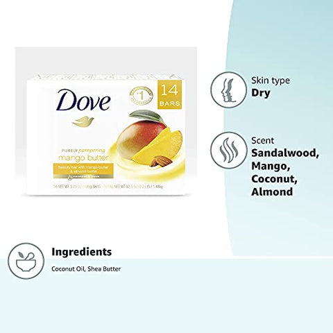 Sabonete Dove Beauty Bar Hidratante para Pele Seca com Manteiga de Manga, Mais Hidratante que Sabonete em Barra, 3,75 Onças (Pacote com 14)