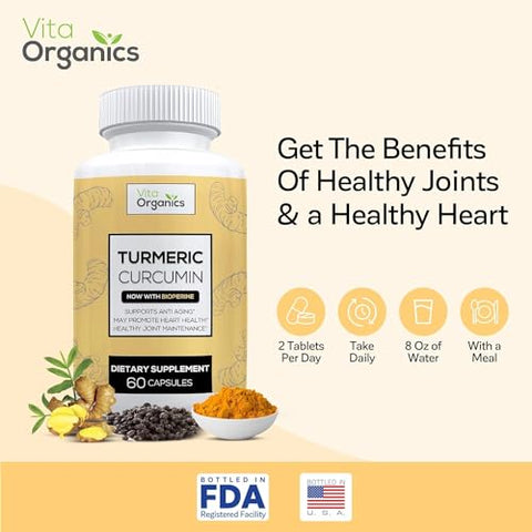 Vita Organics - Cúrcuma Curcumina c/ Extrato de Pimenta Preta BioPerine para Suporte à Saúde das Articulações, Mobilidade, Prevenção do Desgaste Natural 60 Cápsulas Vegetais, Fabricado nos EUA