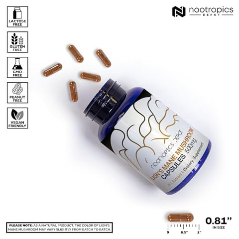 Cápsulas de Cogumelo do Leão Nootropics Depot | Extrato Dual 8:1 do Corpo Frutífero Integral | 500mg | 180 Unidades | Hericium erinaceus