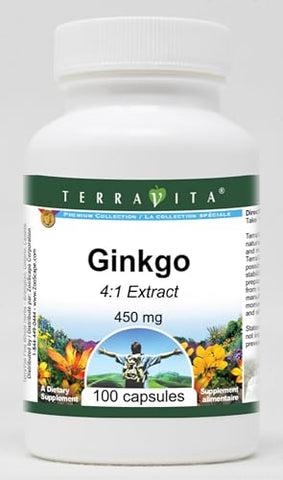 Terravita - Ginkgo 4:1 – 450 mg (100 Cápsulas) – 2 Pacotes | Ginkgo Biloba 4:1 Concentrado | Saúde Cerebral | Memória e Concentração | Antioxidante Natural