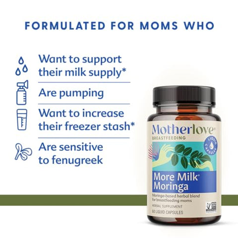 More Milk Moringa (120 Cápsulas) – Suplemento de Lactação à Base de Moringa para Apoiar a Produção de Leite Materno – Orgânico, Vegano, Kosher - Motherlove