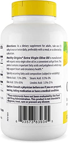 Óleo de Oliva Healthy Origins, 1250 mg – Suplemento para Saúde do Coração com Óleo de Oliva Extra Virgem Orgânico e Prensado a Frio – Suplementos Livres de Glúten para Homens