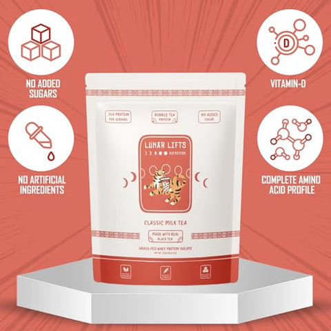 Lunar Lifts Nutrition - Pó de Proteína de Chá com Leite Clássico Boba | Isolado de Proteína Whey | 26g Proteína Whey de Pasto | Sem Açúcar Adicionado ou Ingredientes Artificiais | Pó de Proteína para Bubble Tea