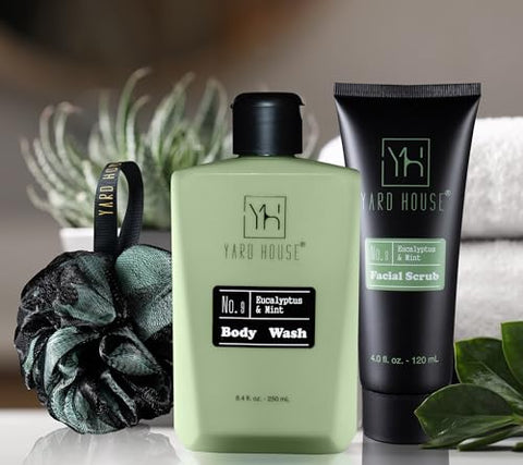 Yard House - Conjunto de Presente de Banho e Corpo de Luxo para Homens – Kit de Cuidados com a Pele em Eucalipto e Hortelã – Ideias de Presentes para o Dia dos Pais, Aniversário e Natal para Homens – Conjunto de 7 Peças com Itens em Tamanho Real em Couro