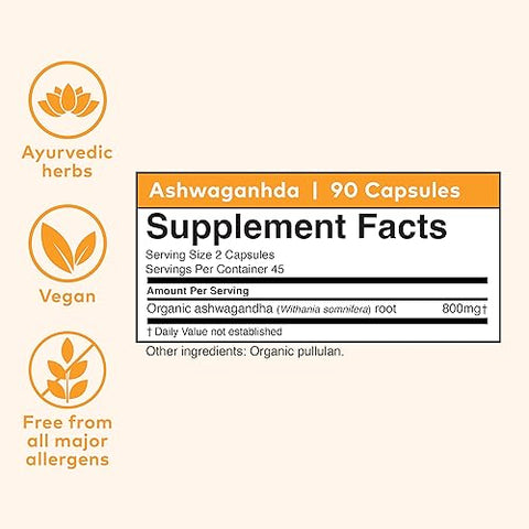 Cápsulas de Ashwagandha Orgânica – Suplemento de Ashwagandha Vegano, Livre de Glúten, Kosher, Não-OGM – Suporte para Alívio do Estresse, Energia e Sono – 90 Cápsulas - ORGANIC INDIA