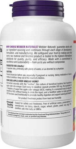 Cápsulas de Vinagre de Maçã com A Mãe, 1.500 mg por Porção, Alta Potência, 240 Cápsulas, Suporte Natural à Digestão, Não-OGM, Sem Glúten, Laticínios - Webber Naturals