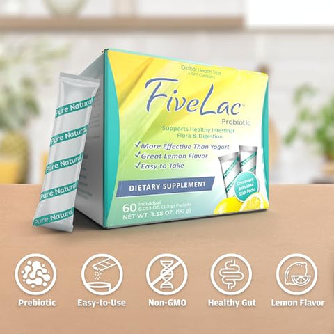 Global Health Trax - GHT – FiveLac Limão Pó Probiótico para Bebida, Probióticos para Mulheres, Homens e Crianças – Suporte Digestivo Suave e Eliminação – Alívio de Constipação e Gases Ocasionais – 60g