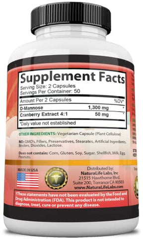 NaturaLife Labs A Higher Standard - D-Mannose 1,300 mg com Extrato de Cranberry – Ação Rápida, Elimina Impurezas, Saúde do Trato Urinário – 100 Cápsulas Vegetarianas