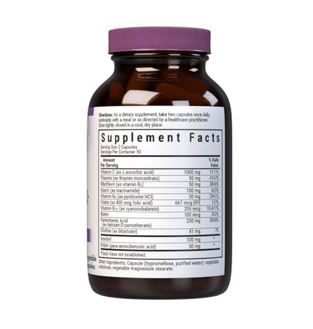 Nutrition – Cápsulas Vegetais de Complexo B para Alívio do Estresse, Vitamina B6, B12, Biotina, Ácido Fólico, Vegano, Sem Glúten - Bluebonnet