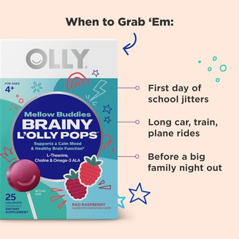Mellow Buddies L’OLLY Pops – Lollipops Infantis com Ômega-3 ALA, L-Teanina e Colina – Apoia um Humor Calmo – 30g - OLLY