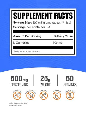 com L-Carnosine em Pó – Suplemento de Carnosina, 500mg por Porção, Livre de Glúten, 25g (0,88 oz) (Embalagem de 1) - BulkSupplements