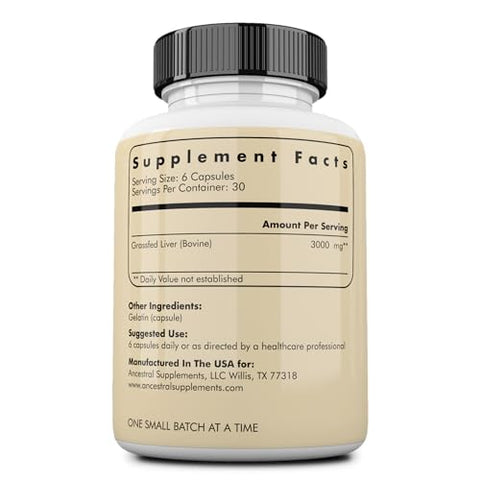 Fígado de Boi 180 Cápsulas, Energia, Desintoxicação, Digestão, Imunidade e Bem-Estar, Não-OGM, Fígado Liofilizado - Ancestral Supplements