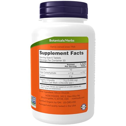 Suplementos, Chlorella Orgânica 500 mg com Clorofila natural, Beta-Caroteno, Carotenoides mistos, Vitamina C, Ferro e Proteína, 200 Comprimidos - NOW Foods
