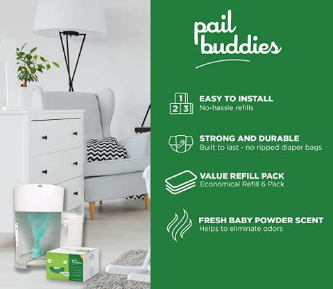 Recargas para Lixeira de Fraldas Pail Buddies | 6 Unidades | Compatíveis com Lixeira de Fraldas Dekor Plus | Refis Duráveis e Perfumados com Cheirinho de Talco para Bebê